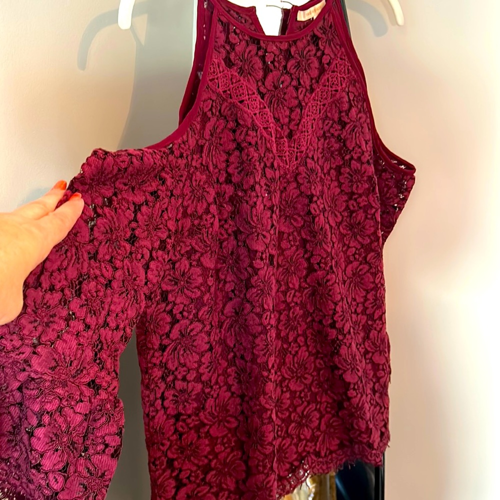 Burgundy lace blouse size L , bare shoulder style, beautiful dressy blouse